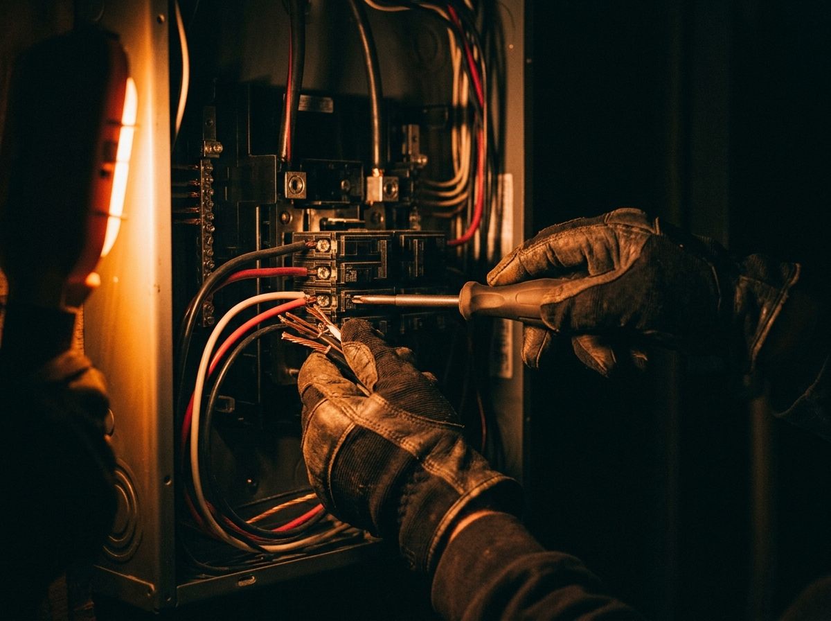 Electrician's gloved hands wiring a breaker panel under warm work light