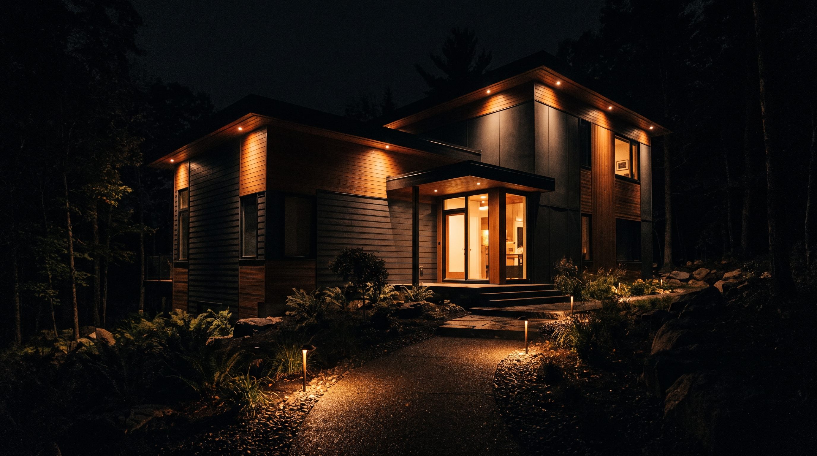 Modern home exterior at night with warm architectural accent lighting