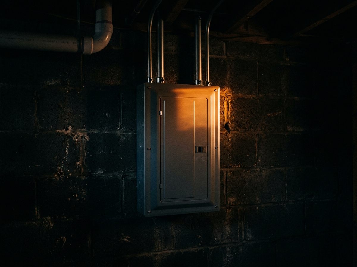 Freshly installed electrical service panel on a dark basement wall