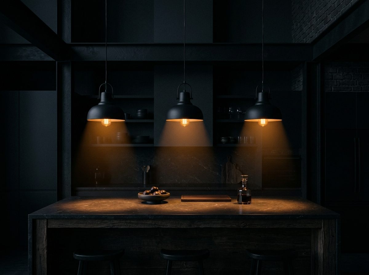 Black pendant lights over a dark kitchen island at night