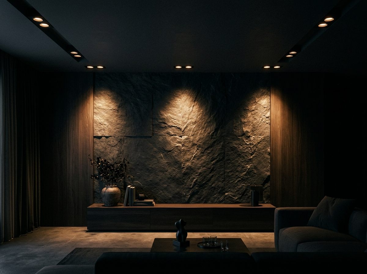 Recessed lighting grazing a dark stone accent wall