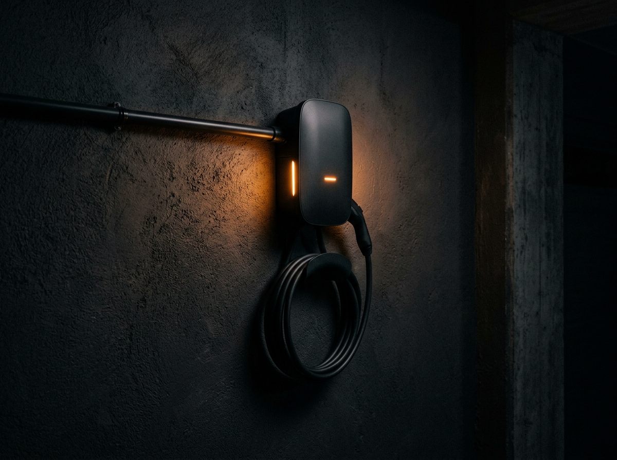 Wall-mounted EV charging station with a glowing status light