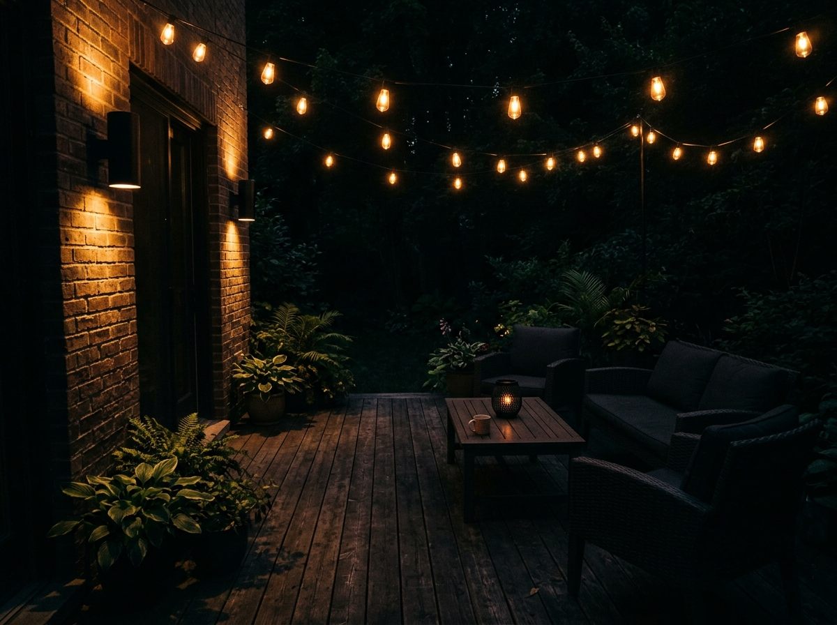 Backyard patio at night with string lights and wall sconces