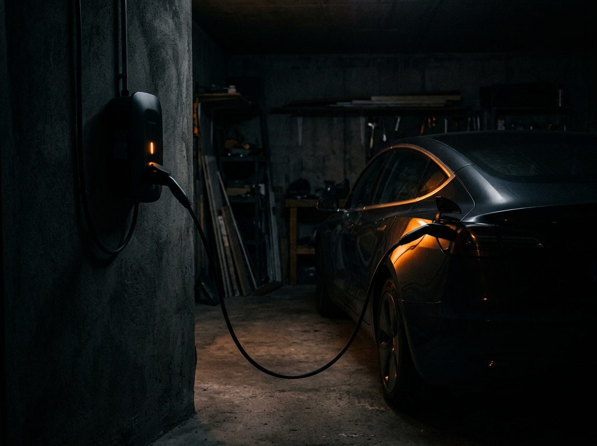 EV charger plugged into an electric car in a dark garage