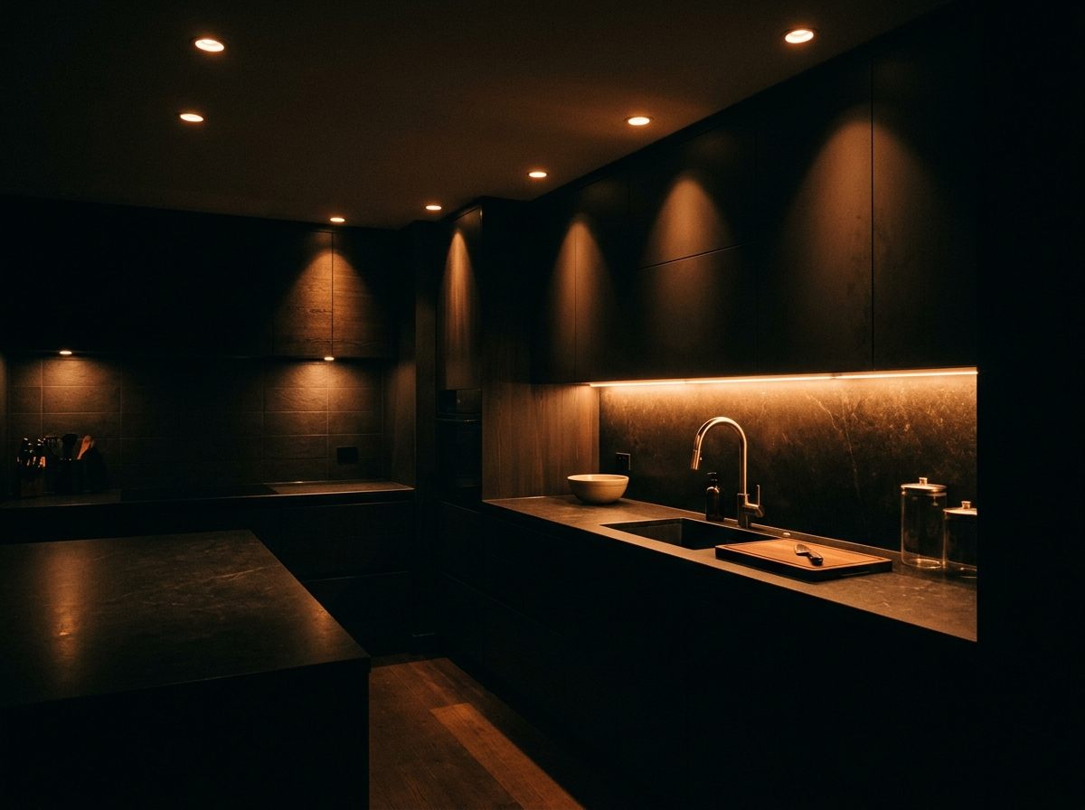 Dark modern kitchen lit by warm recessed and under-cabinet lighting