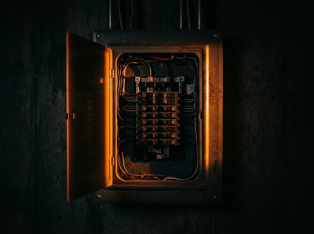 Open residential breaker panel lit by warm orange light