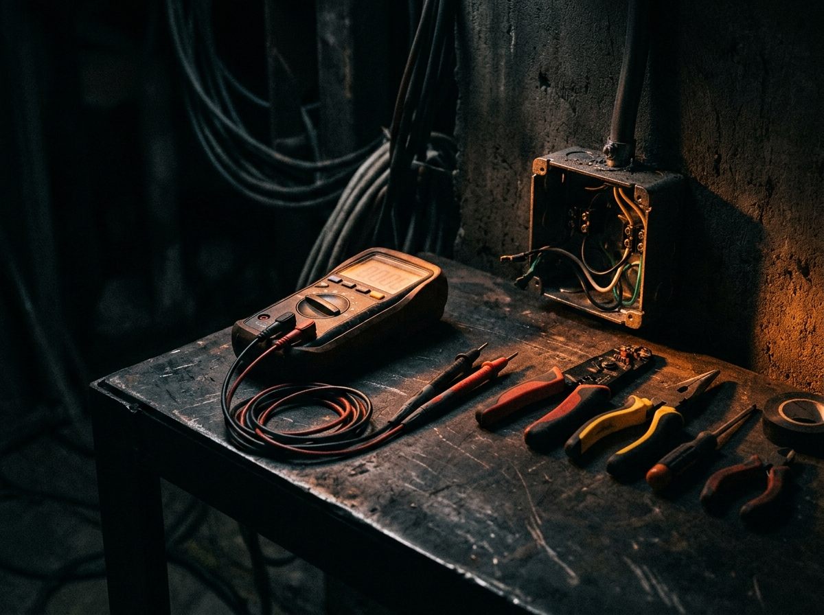 Multimeter and electrician tools on a dark workbench